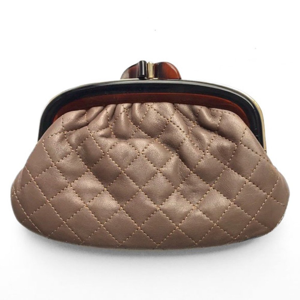 Neiman Marcus Quilted Taupe Leather Kiss-Lock Clutch